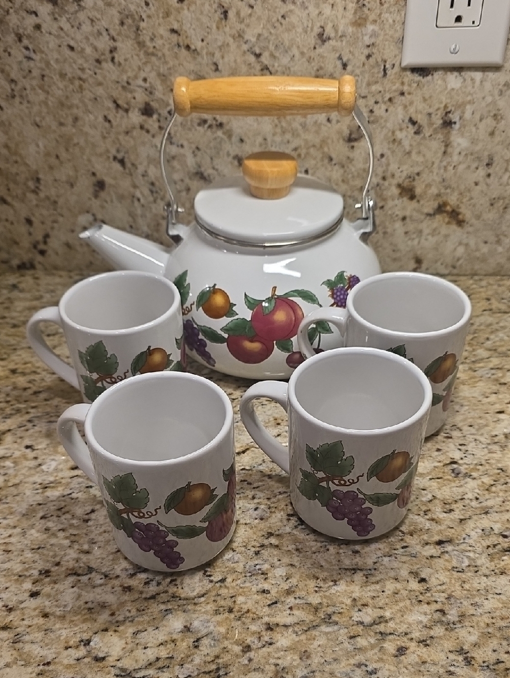 Metro brand vintage enamel tea kettle set featuring a fruit motif With 4 Mugs